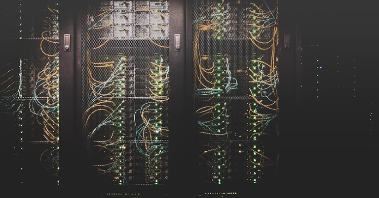 Server room with glowing network connections