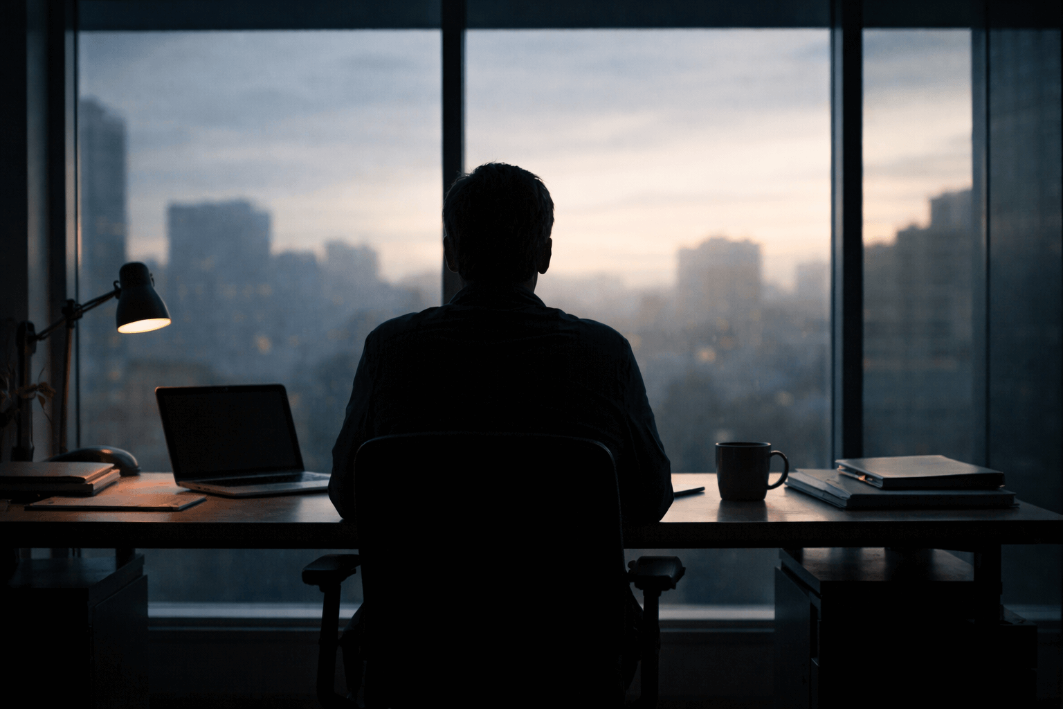 A silhouetted person sits alone at a desk in a dim office, facing a large window overlooking a blurred city skyline at dusk, with a laptop, lamp, mug, and stacked folders on the desk.