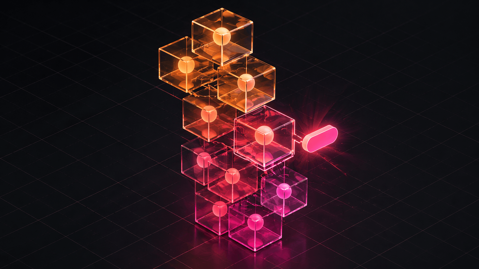 Stacked translucent cubes arranged diagonally on a dark grid background, each containing a glowing sphere that shifts from amber at the top to magenta at the bottom; one middle cube is highlighted by a bright pill-shaped light beside it.