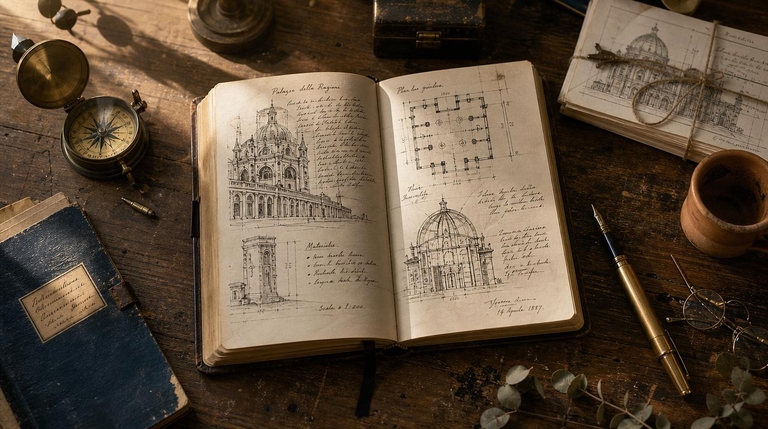 Open notebook with architectural sketches, plans, and drafting tools arranged across a wooden desk.