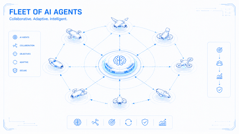 Futuristic diagram showing a central AI control hub coordinating a ring of connected autonomous agents.