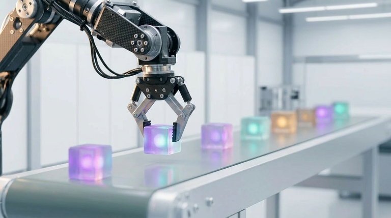 Robotic arm lifting a glowing translucent cube from a conveyor belt in a bright industrial setting.