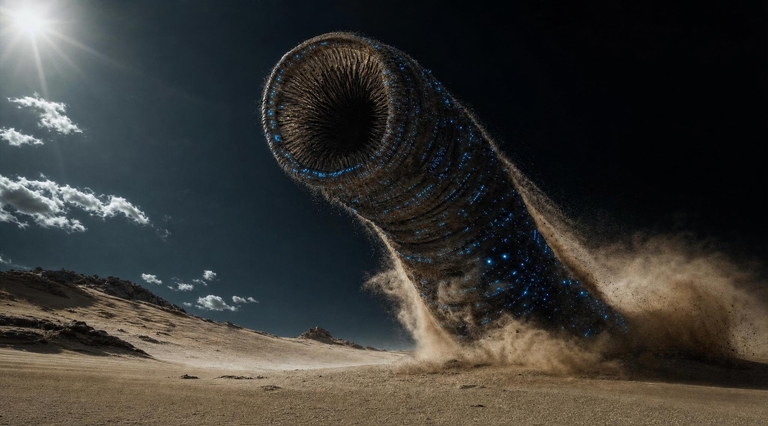 A massive sandworm-like shape rising from a desert landscape, lit by blue points of light.