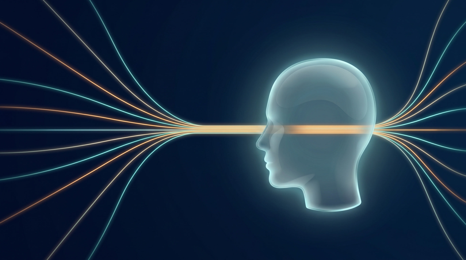 A glowing translucent human-head silhouette with multiple streams of light entering from the left, funneling through a single narrow channel at the center of the head, and fanning out on the right — a visual metaphor for the brain's serial processing bottleneck.