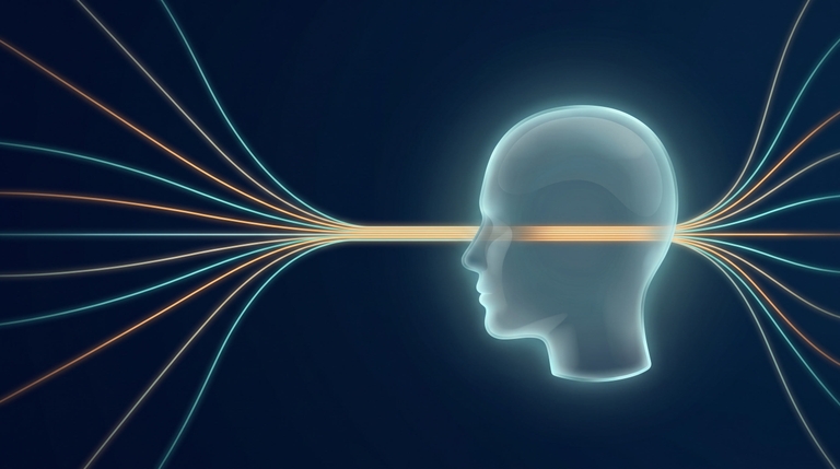 A glowing translucent human-head silhouette with multiple streams of light entering from the left, funneling through a single narrow channel at the center of the head, and fanning out on the right — a visual metaphor for the brain's serial processing bottleneck.