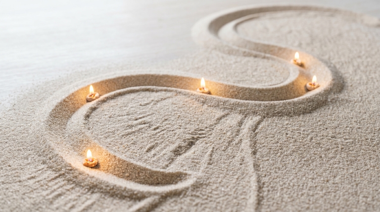Small lit candles set along a flowing S-shaped path traced in sand