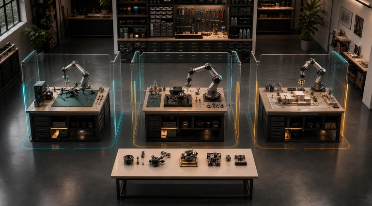 3D illustration of three autonomous workshop stations operating in parallel. Each station has robotic tool arms working on a separate small project, with transparent safety dividers between stations.